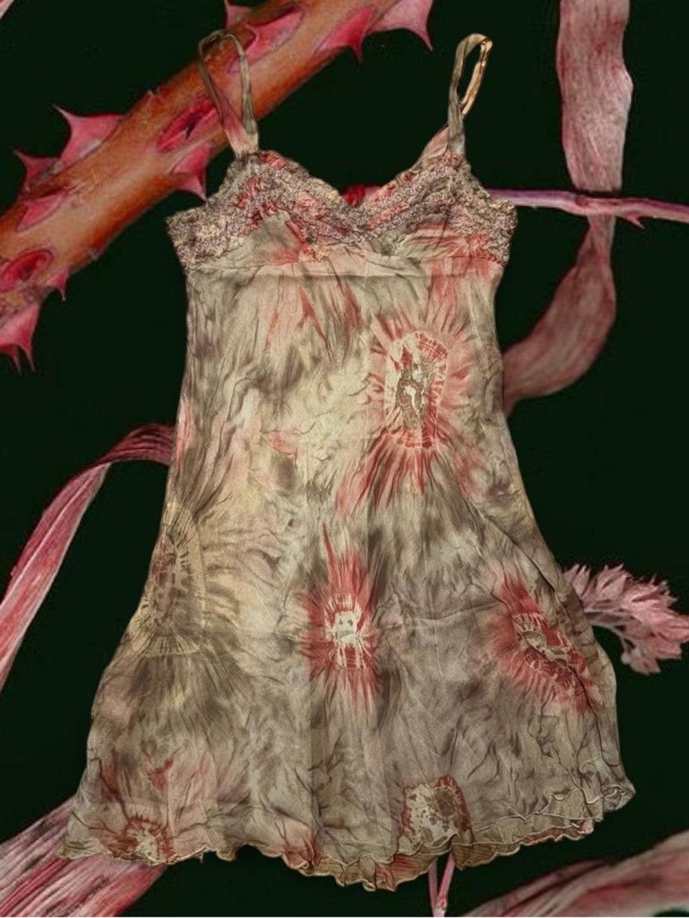 Women’s Lace-Trim Slip Dress in Taupe with Pink Accents
